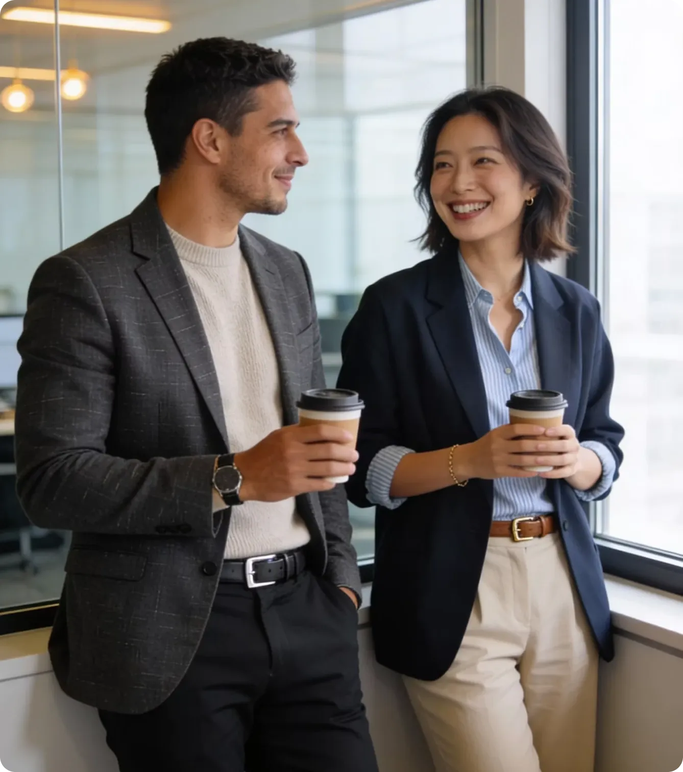 Two business owners chatting over coffee by a window